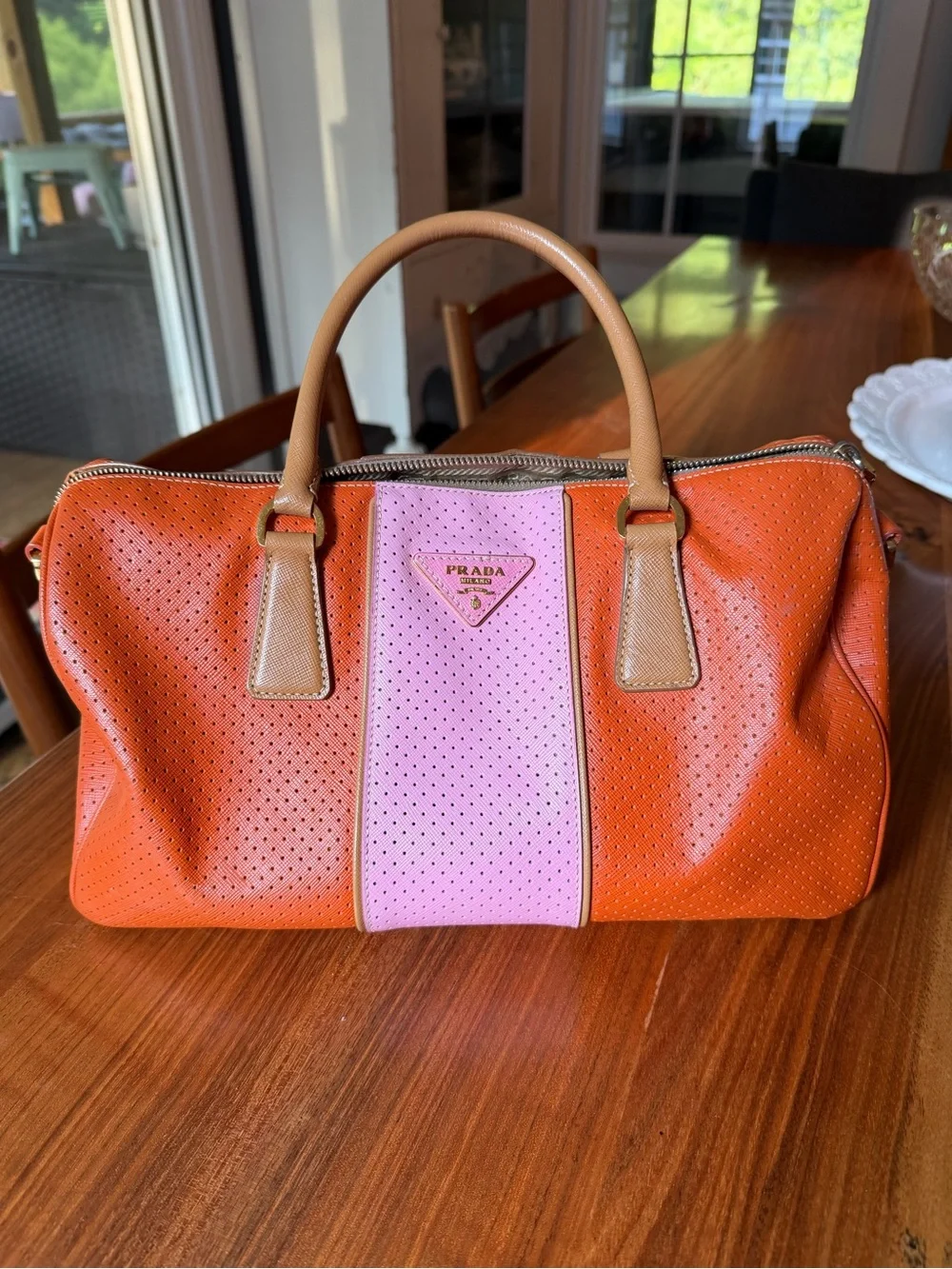 Prada Orange and Pink Perforated Saffiano Leather Boston Bag